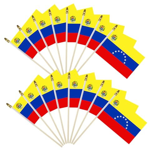 Paquete de 16 banderas pequeñas de Venezuela en palo, mini banderas bolivarianas de la República de Venezuela con parte superior segura para niños, poste de madera de 5 x 8 pulgadas, banderas de mano
