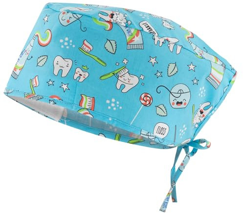 B-well - Cuffia chirurgica in tessuto, accessorio per medici, infermieri, dentisti, farmaci, veterinari, personale medico (blu, denti)