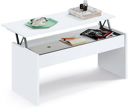 briebe Mesa Centro Elevable, Comedor, Salón, Mesita Café Baja Auxiliar para Sofá, 47x100x50cm/ 58x100x50 cm (Alto x Ancho x Profundo) Opal (Blanco)