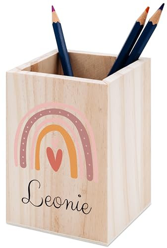 Bärenfreunde® - Personalisierter Stiftehalter Kinder aus Holz - Kreativer und praktischer Schreibtisch-Organizer Kinder mit Namen - Einschulung Geschenk und Geburtstag (Regenbogen rosa Herzen)