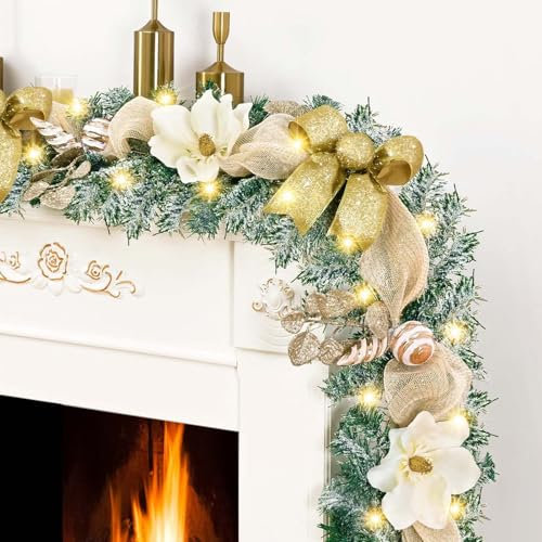 BLEUM CADE Luxus-Weihnachtsgirlande, 1,5 m, Dekoration mit goldenen Schleifen, Bändern, Magnolie für Haustür, Kamin, Tisch, Heimdekoration