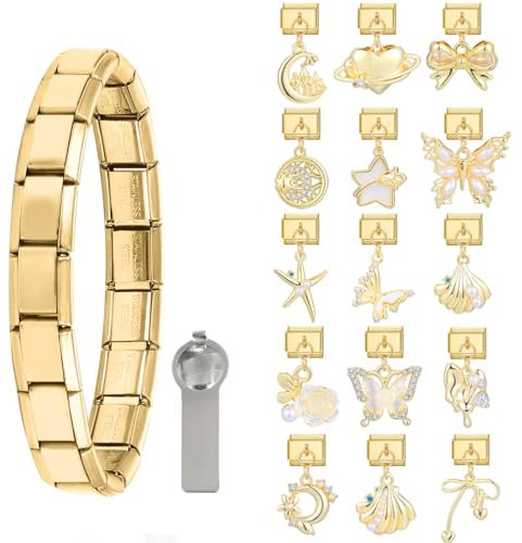 Greenyre 17PCS Italian charm bracelet set gold Italian Charms Armband Anhänger mit Öffnungswerkzeugen 9 mm Abnehmbarer Modul Klassischer Vintage Italian Style Charms für Damen