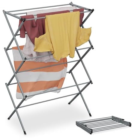 Relaxdays Wäscheständer, klappbar, 11 Stangen, HBT 104x73x38 cm, innen, Metall, platzsparender Turmwäscheständer, grau