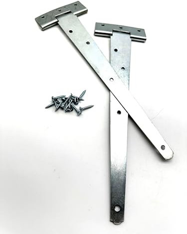 2PK 250mm Zinc Tee Hinges with Fixings. 10 T-Hinges for Garden Gates, Sheds and Doors. Strong Steel Construction, Corrosion and Weather Resistant. External Hinge Pack of 2 with Screws.