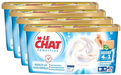 LE CHAT Sensitive - Discs 4en1 Savon de Marseille & Aloe Vera - Lot de 4 boîtes de 35 capsules (140 capsules)