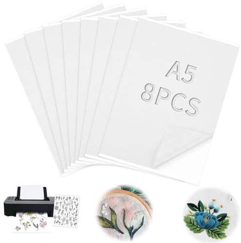 TXXATX Stickvlies Wasserlöslich Selbstklebend A5 (21x15cm) Wasserlösliches Stickvlies 8 Blätter Stickvlies Selbstklebend Druckbar Stickvorlagen Wasserlöslich für Handstickerei Nähmaschinenstickerei