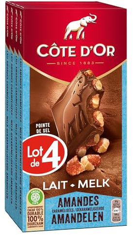 CÔTE D'OR - 4 Tablettes Côte d'Or Bloc Chocolat au Lait et Amandes Caramélisées et Salées 180g - Chocolat au Lait, Amandes Caramélisées, Pointe de Sel - Lot de Tablettes de Chocolat - Lot de 4x180g