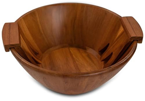 Joline Designs Acacia Wood Salad Bowl with Serving Forks - Large Salad Bowl with Durable Wooden Design for 6-8 Servings, Easy to Clean, Naturally Beautiful, Ideal for Family Gatherings & Gift Giving