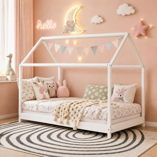 Panana Wooden Kids House Bed Frame, Solid Pine WoodTreehouse Style Childrens Floor Bed Frame for Toddlers and Children (White)