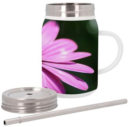Mug Isotherme en Inox avec Couvercle et Paille - Fleur Marguerite Mauve au Coeur Violet Nature Champêtre - 500 ml - Tasse Thermo