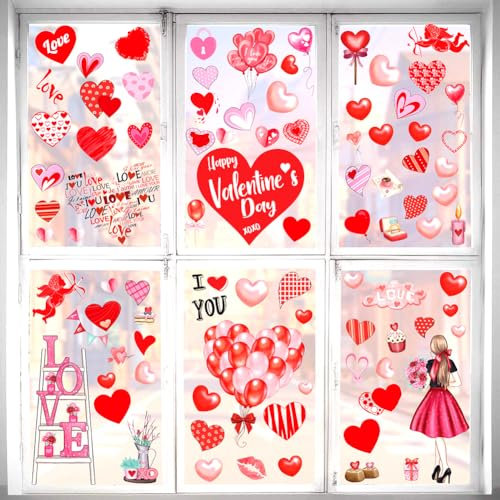 7 Blatt Valentinstags-Fensteraufkleber, doppelseitig, Herz-Fensteraufkleber, rot, Happy Valentine's Day, Fensterdekoration für Valentinstag, Party-Dekorationen