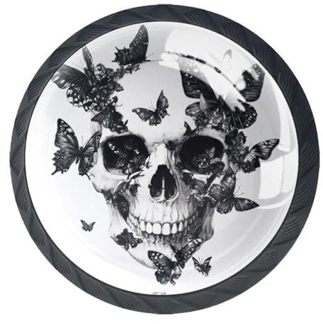 KengjuTesu Lot de 4 boutons de meubles ronds en verre avec tête de mort et papillon noir surréaliste, tiroir, commode, armoire, poignées avec vis pour la maison et la cuisine