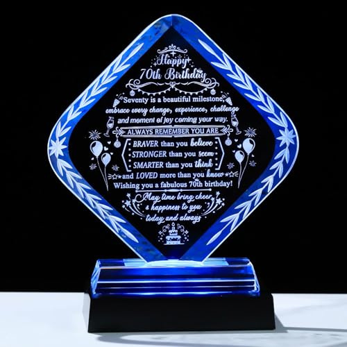 Movdyka Crystal 70th Birthday Gifts for Women Men 70 Years Old Keepsake | with LED Light Base, Glass Heart Happy 70th Birthday Presents Ideas for Friends Sister, Home Decor Ornaments