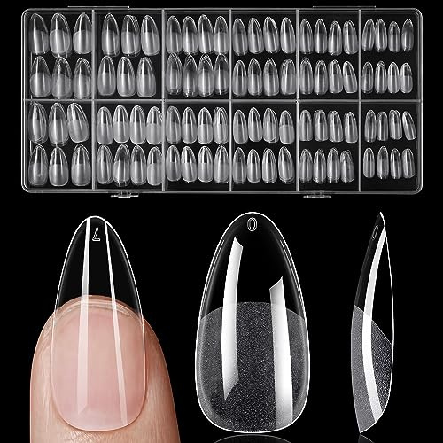 TOMICCA Medium Almond False Nail Tips 504pcs Pre-Buffed No File Semi-Matte | Full Cover for Gel Nail Tips 12 UK Sizes Break Resistant Tips for Salon & Home DIY