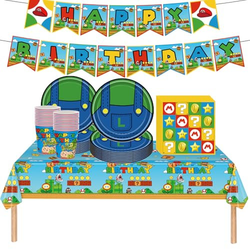 Doyomtoy 62 Piece Mario Party Tableware, Mario Theme, Pull Flags, Plates, Cups, Tissues, Tablecloths, Children's Birthday Party, Birthday Tableware, (20 Guests)