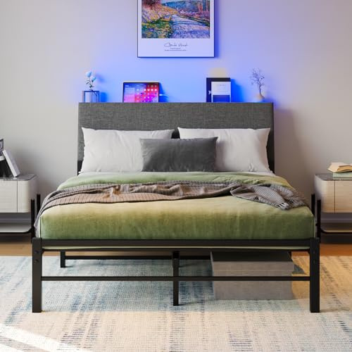VECOCHO Double Bed Frame with Ergonomic Storage Headboard&LED Light,4ft6 Upholstered Bed Frame Double with Charging Station,Mattress Base,Easy Assembly,Underbed Storage,No Box Spring Needed,Dark Grey.