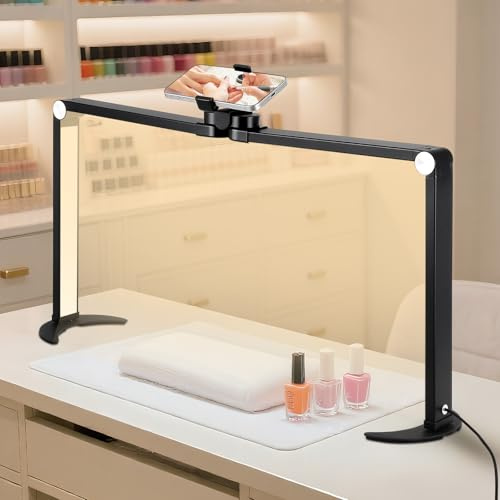 VIHBRAI 35W Half Moon Lamp 26inch Square Nail Desk Lamp with Phone Holder, Foldable LED Nail Table Light 3000K-6000K Dimmable for Nail Tech, Lash Eyelash Extension, Tattoo, Eyebrows, Black