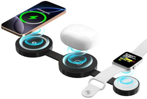 Chargeur sans fil, station de charge magnétique 3 en 1, chargeur sans fil pliable, compatible avec iPhone 17, 16, 15, 14, 13, 12 Pro Max Plus, station de charge de voyage pour Apple Watch et