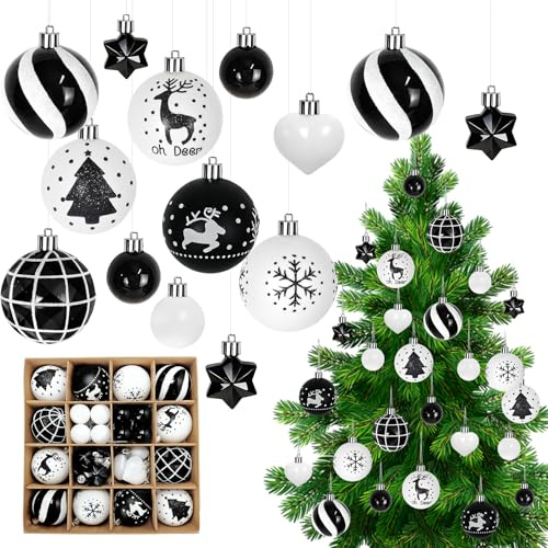 VOPIWOZ 40 STK Christbaumkugeln mit Aufhänger, Bruchsichere Weihnachtskugeln Schwarz Weiß, Wetterfeste Weihnachtskugeln, Christbaumkugeln Kunststoff für Tannenbaumschmuck Weihnachtsdeko Partydeko