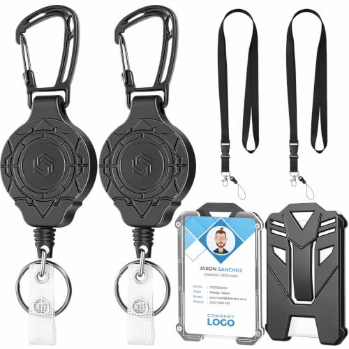 2Er Set Ausweishalter Einziehbar Mit Kartenhalter Und Sicherheitsbändern | 80 Cm Stahlseil, Bis 255 G Tragkraft, Kartenfach Für 4–5 Karten, Karabiner Und Schlüsselring, Für Büro Und Schule