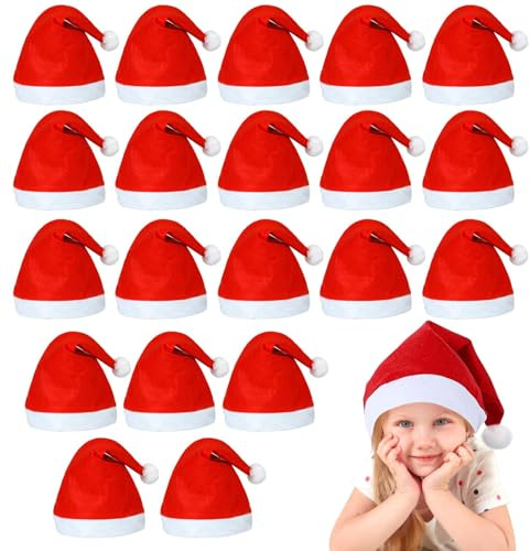 20 Stück Weihnachtsmütze,Rote Santa Mütze,Nikolausmütze Plüsch,Plüsch Nikolausmütze für Kinder,Weihnachtsmützen set