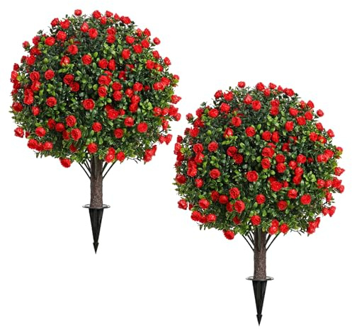 loyimioo 60 cm Künstliche Kunstpflanze in Kugelform, Plastik Realistischer Kugelbaum mit Erdspieß als Hochzeits- & Weihnachtsdeko für Garten, Terrasse, Balkon 2er-Set (Roter Rosen)