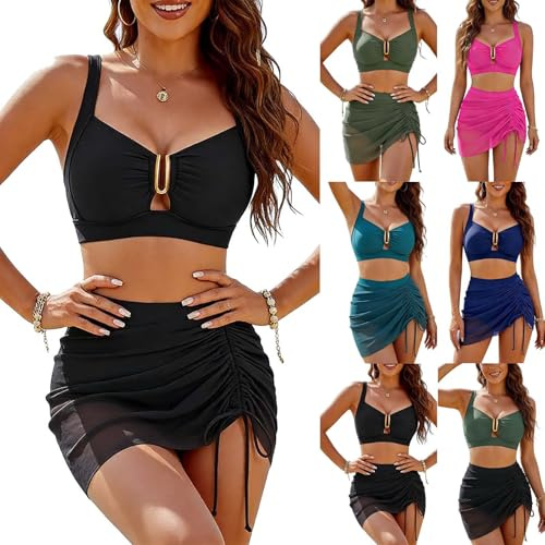 ZWDC Bikini Set Damen Zweiteilig V-Ausschnitt Raffung Badeanzug mit Rock Bauchweg Bademode Sexy Strandmode Schwimmset Gepolstert Ohne Bügel Triangel Top für Sommer Strand Urlaub Strandparty