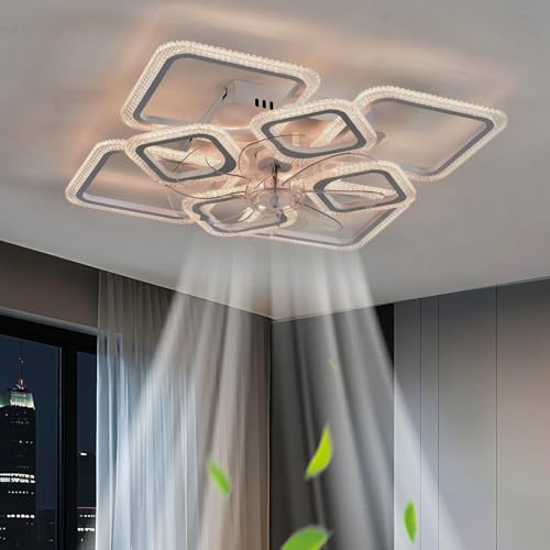 Dfiacn Ventilador de Techo con Luz Acabado Cristal Lampara Ventilador 6 Velocidades Reversible Brillo Ajustable Función Memoria 3 Temperaturas de Luz para Salón, Blanco
