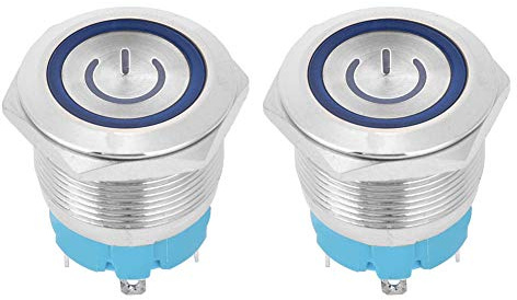 Interrupteur à Bouton Poussoir 4 Broches 3-6VDC 22mm Plat Rond, 2 Pièces - Protection IP65 Étanche, Indicateur Lumineux, Usage Industriel et Domestique (Bleue)