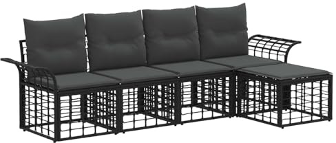 vidaXL Outdoor-Sofagarnitur 5 pcs Schwarz und Dunkelgrau Polyester, Modularer Outdoor-Sitz, Poly-Rattan-Set, höhenverstellbare Füße, modernes Gartenmöbel für besten Komfort
