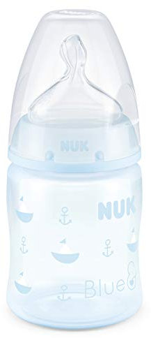 NUK Biberon First Choice+, 150ml, 0-6 Mois, Silicone, anti colique, Sans BPA, neutre, Bleu, Lot de 1
