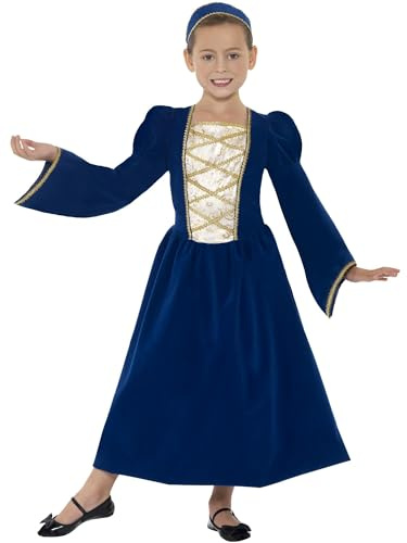 Smiffys Tudor Princess Girl Costume, Royal Blue Dress and Headband, Girls Fancy Dress, Child Dress Up Costumes