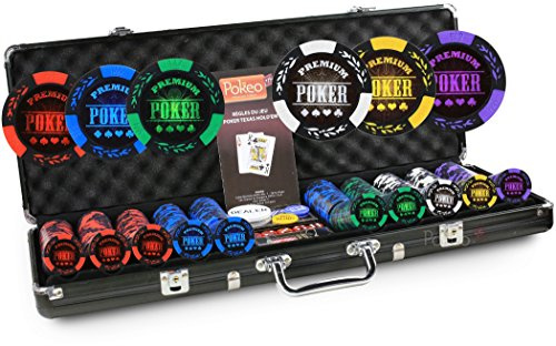 POKEO Pokerkoffer - Premium Pokerchips (500 Stück, 14g) - 2 Kartenspiele - Dealer-Knopf - Für 4-10 Spieler - Aluminiumkoffer - Schwarz