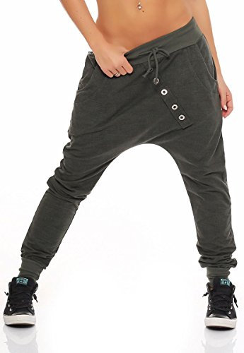 Malito Damen Jogginghose mit Knopfleiste | Sporthose meliert | Baggy zum Tanzen | Sweatpants - Trainingshose 7398 (Oliv)