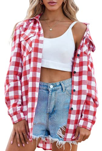 Zeagoo Womens Plaid Flannel Shirt, Roll up Long Sleeve Checkered Cotton Shirt,Watermelon Red,Large