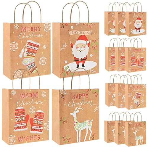 GWHOLE 12 Stück Papiertüten Weihnachten Geschenktüten mit Henkel Braun Kraftpapier für Geschenke Mitgebsel Süßigkeiten Party