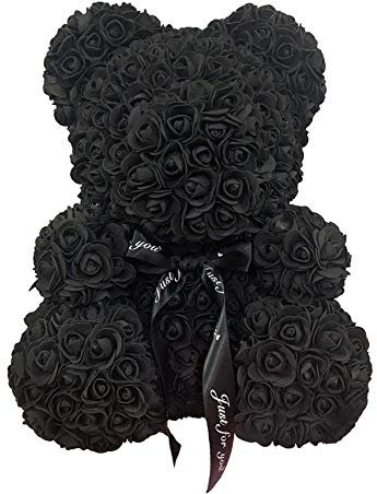 FeiWen Orso Fiore Rosa 10 Pollici Orsacchiotto di Peluche Fiori Artificiali Festa della Mamma, Anniversario con Acquazzone Nuziale con (Nero)