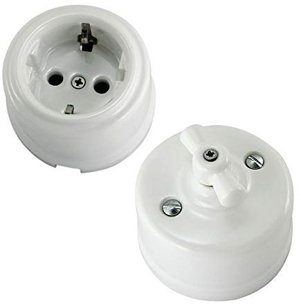 1 Enchufe Base de Porcelana Y 1 Antiguos Porcelana Interruptores de luz vintage rotativo Blanco