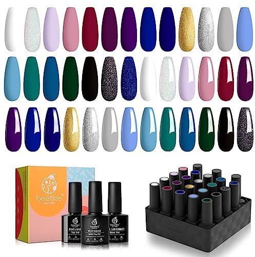 Beetles Gel Nail Polish Kit, 20 Pcs Celestial Collection Soak Off Black White Blue Glitter Gel Polish with Base Top Coat Essential Kit Gifts for Women Girls