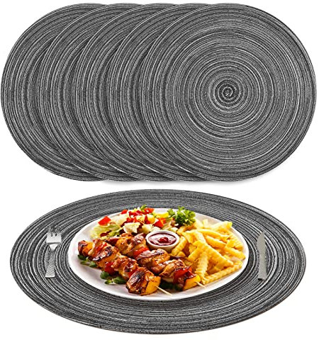 NAKIHOUSE Tischsets Abwaschbar Rund Geflochten Tischset 6er Set, 38cm Rund Platzsets Abwischbar, rutschfest, Hitzebeständig Schmutzabweisend Grau Platzdeckchen für Hochzeit, Restaurant, Küche