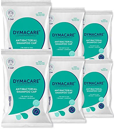 DYMACARE Antibacterial No Rinse Shampoo Cap | Rinse Free Shower Cap That Shampoos & Conditions | PH Balanced Waterless Hair Wash | 6 Caps