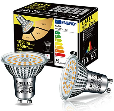 EACLL GU10 LED Warmweiss 10W 3-Stufen Dimmbar über Lichtschalter, 2 Stück. 850 Lumen 2700K Ersetzt 110W, 3 Helligkeitsstufen mit Memory-Funktion, 3-in-1 Flimmerfrei Reflektorlampe, Dimmen ohne Dimmer