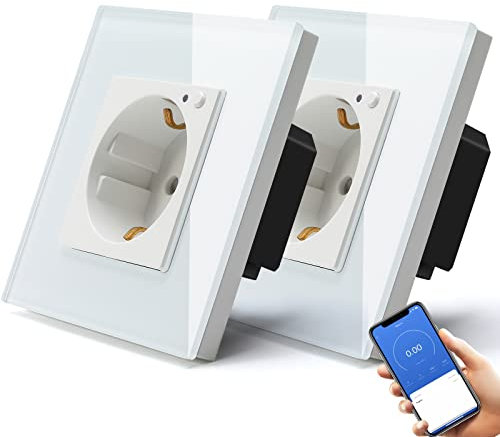 BSEED Enchufe Schuko inteligente empotrable wifi, monitoriza el consumo de energía, 2 uds., 16 A, cristal, control por app, admite Alexa/Google Home, programación/temporizador, wifi 2,4 GHz, blanco