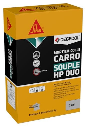 CEGECOL SIKA - Mortier-colle amélioré à double consistance C2 ET/EG - Carrosouple HP Duo gris - Collage carrelage Intérieur/extérieur - Multi supports - Convient pour piscine et bassin - 5 kg