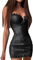 Minetom Damen Lederkleid Kunstleder Reißverschluss Vorne Spitze Cocktailkleid Hochzeit Party Kleid Clubwear C Schwarz XS