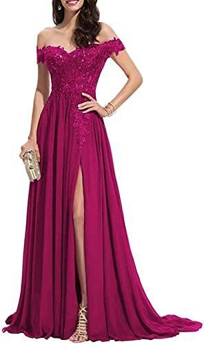 Vestidos largos de fiesta con hombros descubiertos y abertura lateral de gasa con encaje formal para mujer, fucsia, 40
