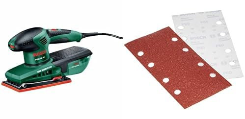 Bosch Schleifmaschine PSS 250 AE (250 Watt, Schwingkreis 2 mm, Schleiffläche 167 cm2, im Koffer) + Schleifblatt (für Schwingschleifer verschiedene Materialien, 10 Stück, 93 x 185 mm, Körnung 60)