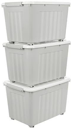 Cetomo 55L*3 Storage Boxes with Wheels, Plastic Storage Box with Lid, Latching Buckles, Click Closure, Stackable, Nesting, Durable Organizer for Home Office Clothes, Gray, 55L-3 Pack