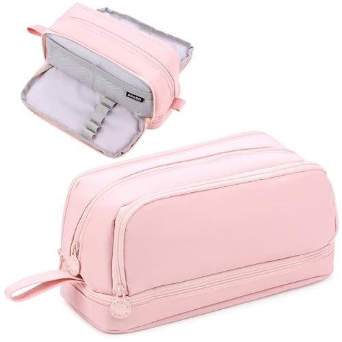 Tesmien Pencil Case, Large Pencil Case with 4 Compartments Stationery Organizer for Boys and Girls, Aesthetic Pencil Bag Suitable for Kids Teenagers Students Women Men, Pink