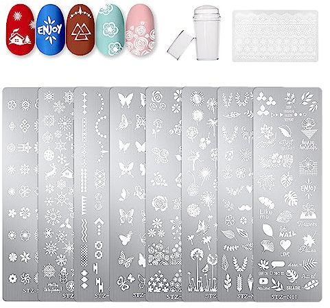 Nail Art Stamping Templates 8pcs Nail Stamping Templates with Nail Stamper and Scraper for DIY Nail Art Decoration Nail Salon Design